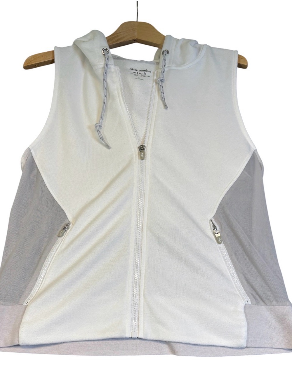 Abercrombie & Fitch Active Sleeveless Hoodie Vest White Zip Up Mesh L EUC